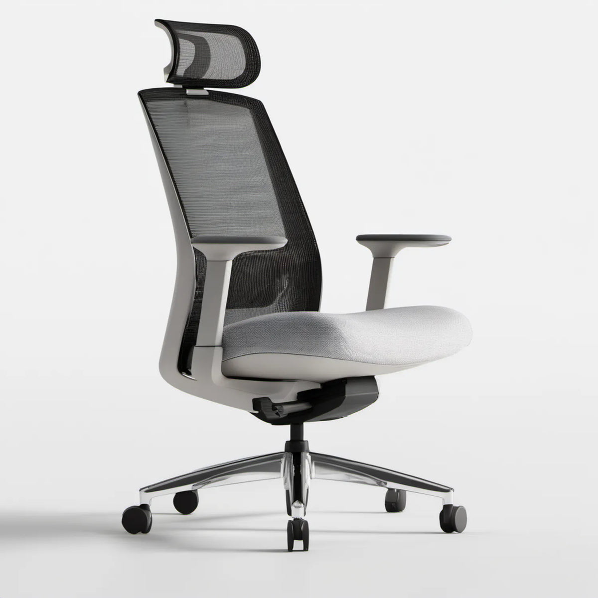 Ergonomiczne krzesło obrotowe z regulowanym zagłówkiem i siatkowym oparciem, czarno-szaro-srebrne, 65 x 65 x 118–128 cm