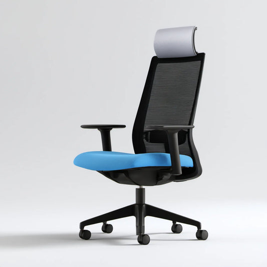 Ergonomiczne krzesło biurowe obrotowe z regulowanym zagłówkiem czarno-niebiesko-szare 65 x 65 x 116–126 cm