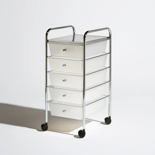 Mobilny organizer z 5 szufladami na kółkach, chromowany biały, 44 × 36 × 76 cm