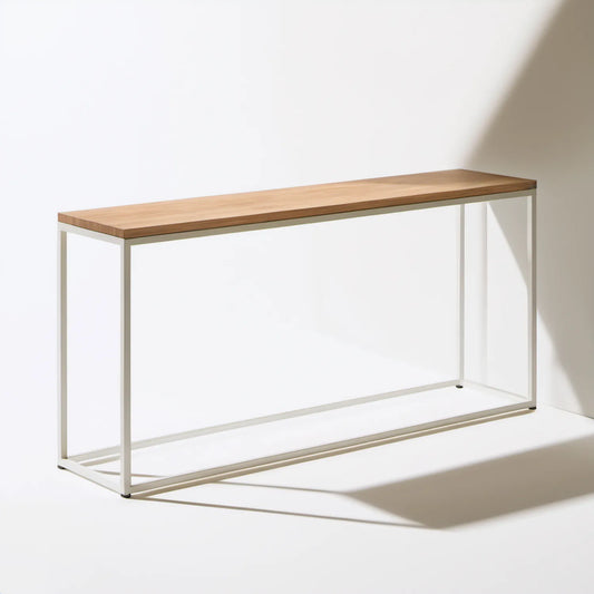 Konsola z blatem MDF w dekorze naturalnego dębu i białą stalową ramą, 120 × 30 × 75 cm