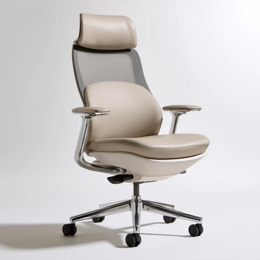 Ergonomiczny fotel biurowy obrotowy z zagłówkiem, siatką poliestrową i tapicerką PU, beżowo-szary, 68 x 68 x 118–128 cm