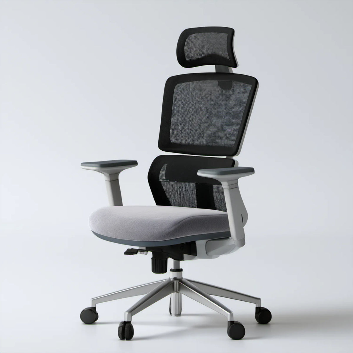 Ergonomiczne krzesło biurowe obrotowe z zagłówkiem, szaro-czarne ze srebrną podstawą, 66 x 66 x 118–128 cm