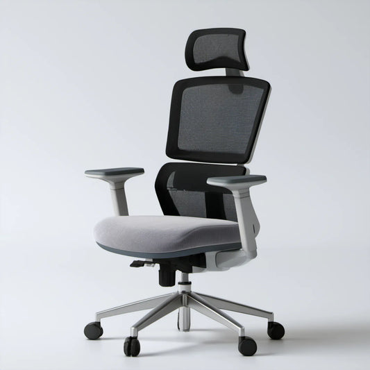 Ergonomiczne krzesło biurowe obrotowe z zagłówkiem, szaro-czarne ze srebrną podstawą, 66 x 66 x 118–128 cm