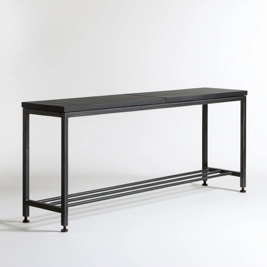 Czarna konsola stalowa z blatem MDF i półką na buty 120 x 35 x 80 cm