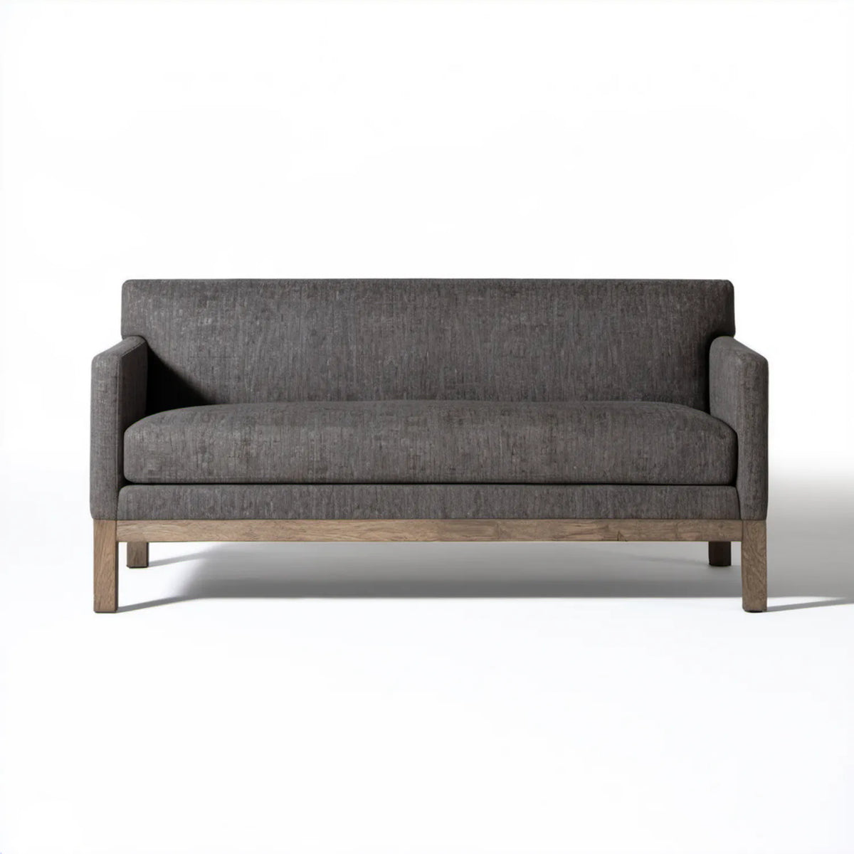 Tapicerowana sofa dwuosobowa ciemnoszara z nogami z naturalnego drewna 150 x 80 x 78 cm