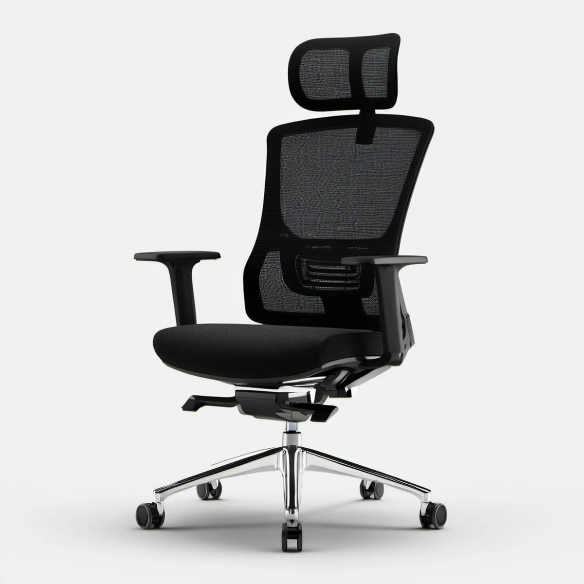 Ergonomiczny czarno-chromowany fotel obrotowy z siatkowym oparciem i zagłówkiem 66 x 66 x 118–128 cm