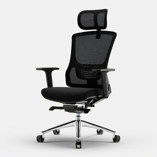 Ergonomiczny czarno-chromowany fotel obrotowy z siatkowym oparciem i zagłówkiem 66 x 66 x 118–128 cm