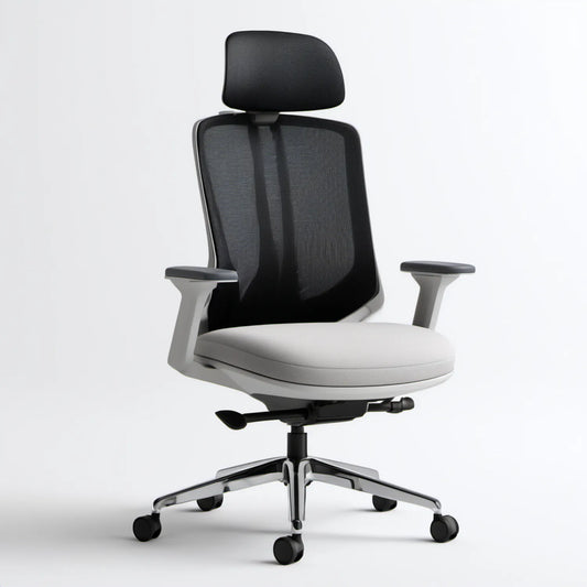 Ergonomiczny fotel biurowy obrotowy z zagłówkiem, czarno-szary, 65 x 65 x 116–126 cm