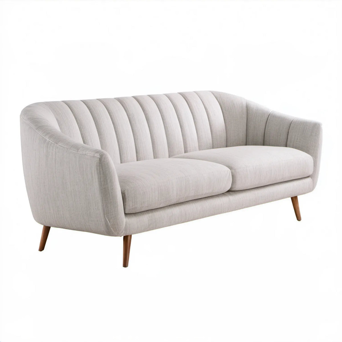 Dwuosobowa sofa retro z tapicerką jasnoszarą i brązowymi nogami, 150 x 82 x 78 cm