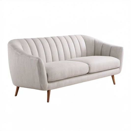 Dwuosobowa sofa retro z tapicerką jasnoszarą i brązowymi nogami, 150 x 82 x 78 cm